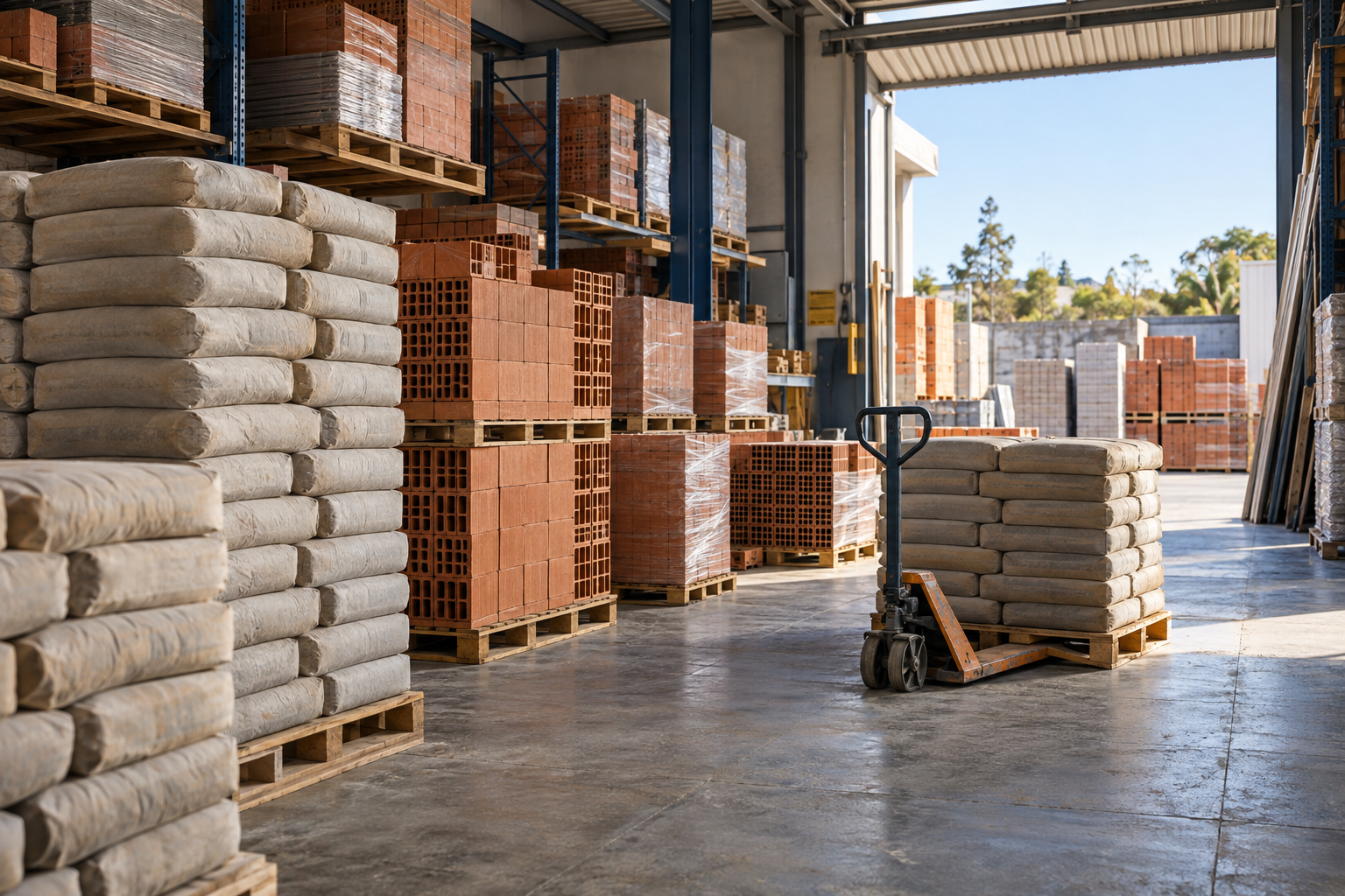 Área de expedição com paletes de cimento e tijolos em uma loja de materiais de construção